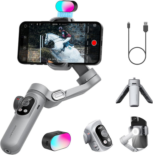 Gimbal Stabilizer voor Smartphone, RGB Magnetische Refill Light Set, OLED Display LED Licht Focus Wiel, Professionele 3-assige stabilisator voor Android &iPhone, AOCHUAN XPRO KIT Grijs