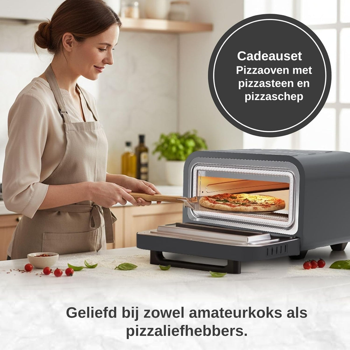 Elektrische pizzaoven met pizzasteen en pizzaschep – 450 °C voor knapperige steenovenpizza in 2 minuten – 1700 W, timer, binnenverlichting en kijkvenster – professionele pizzamaker. (GRIJS)