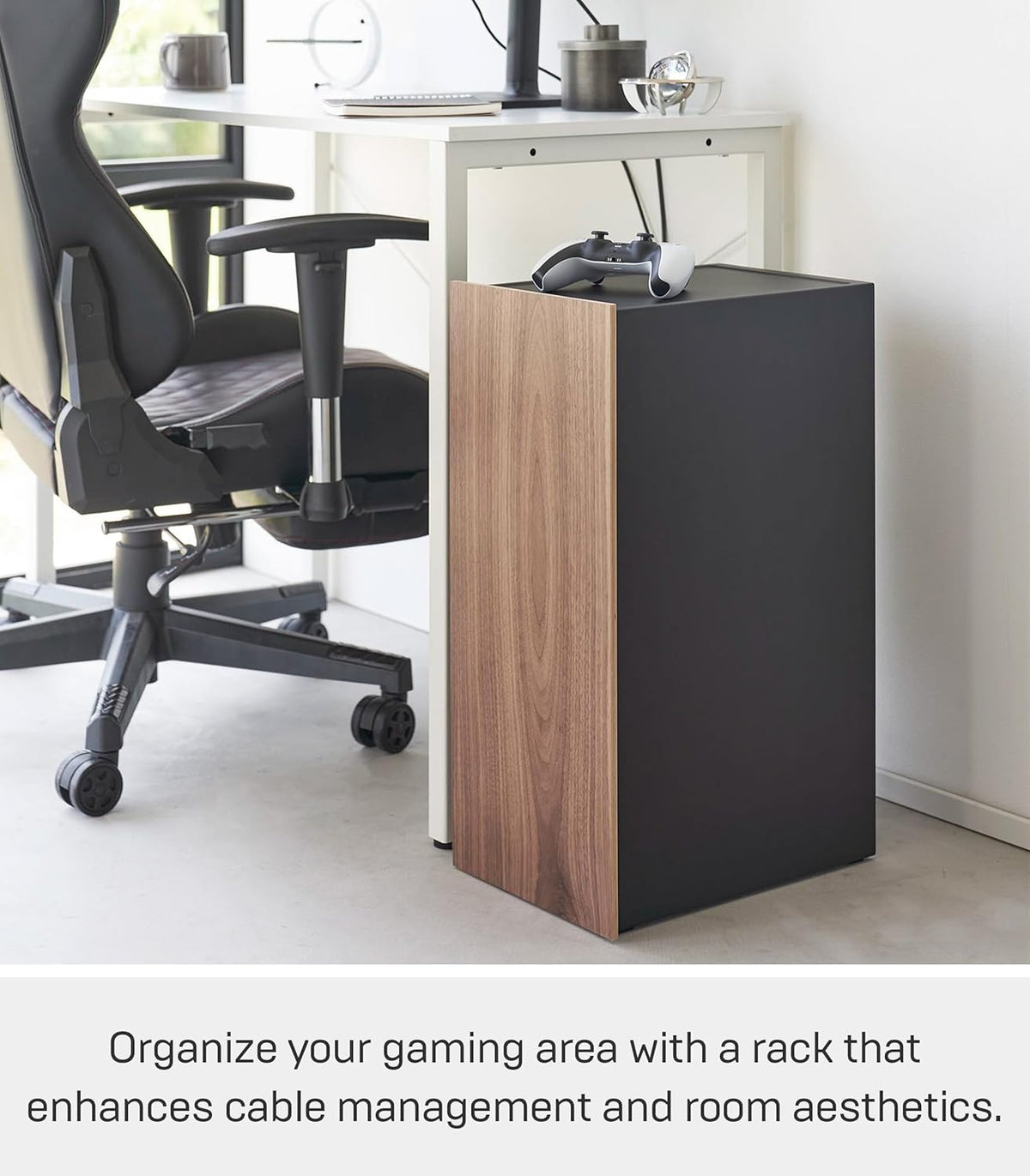 Yamazaki 2110 TOWER Game Console Organizer, black, Steel/Wood/Magnet/Silicone, 24.7 x 36.5 x 60.3 cm