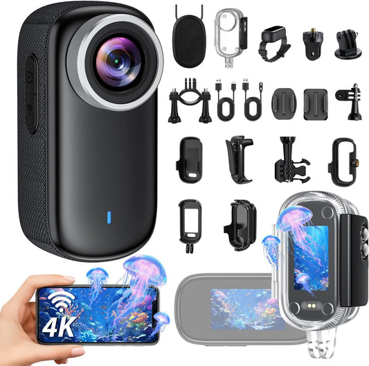 Mini Action Cam 4K WiFi, 32 GB bodycam lichaamscamera met scherm, 150° onderwatercamera, 30 m, kleine sportcamera, motorfiets, helmcamera, actiecamera, vlog, videocamera, multifunctionele accessoires