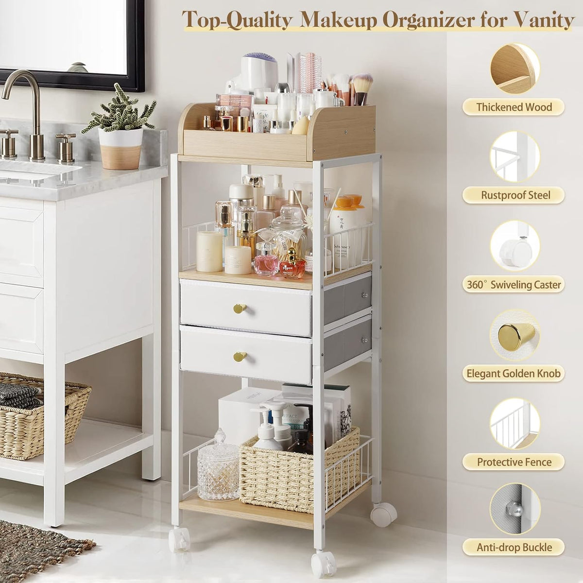 Bikoney Make-up-organizer met laden en wielen - staande wagen voor huidverzorging, parfum, nagellak, haargereedschap, grote cosmetische opbergunit voor slaapkamer of badkamer
