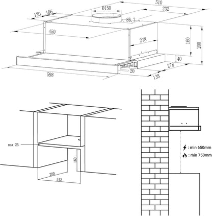 Afzuigkap – Platte afzuigkap – Vlakschermkap – Onderbouw afzuigkap – Inbouw afzuigkap – 60 cm – 370 m³/h – LED-verlichting – Zilver