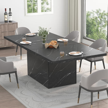 HSH Zwarte Faux Marmeren Eettafel, 63" Moderne Eettafel voor 6 Personen, Boerderij Rechthoekige Keuken Tafel voor Woonkamer, Lange Houten Eetkamer Tafel met Sterk Sokkel, Zwart Marmer, 63"
