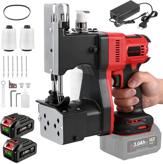 ONEVAN Elektrische zaknaaimachine, 210 W koperen motor, naaimachines voor stoffen zak en kraftpapieren zakken, naaidikte 8-15 mm, met automatische draadsnijder, voor landbouw, industrieel (rood)