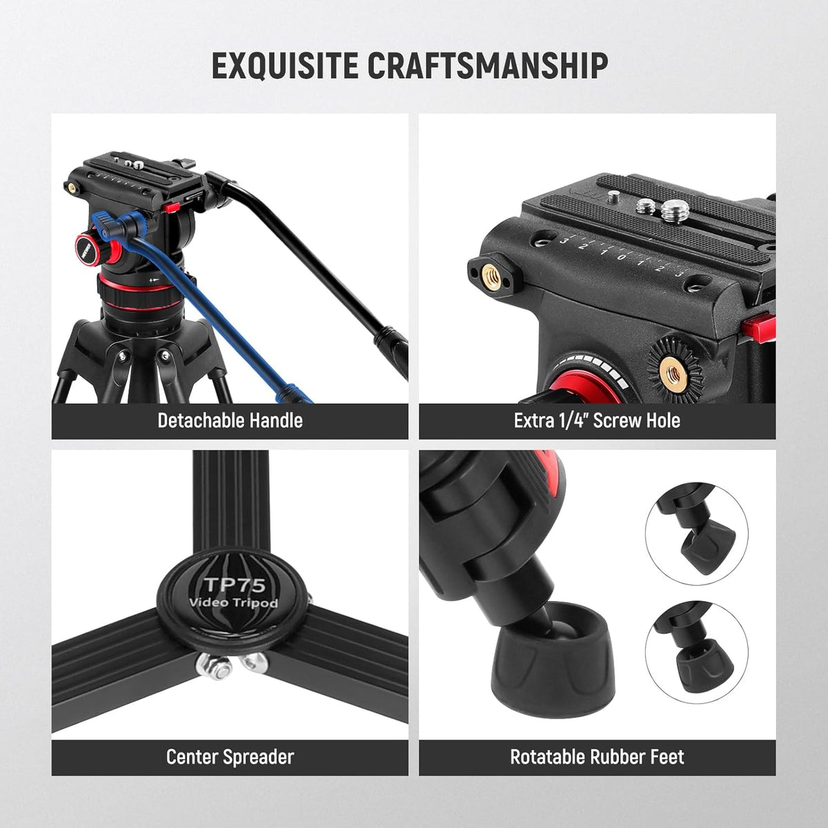 Videostatief – Camerastatief – Camera Statief – Tripod – Filmstatief – Vloeistofkop Met Instelbare Demping – 360° Draaibaar Met +90°/-75° Kanteling