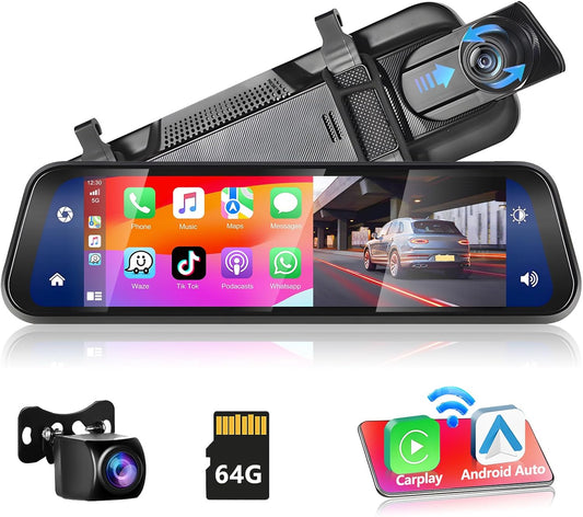 Podofo Mirror Dashcam met draadloze Carplay, Android Auto met HD achteruitrijcamera 9,66 inch IPS touchscreen Dual 1080P achteruitkijkspiegel Dashcam Dash Cam auto, 2 gedeelde schermen, Bluetooth