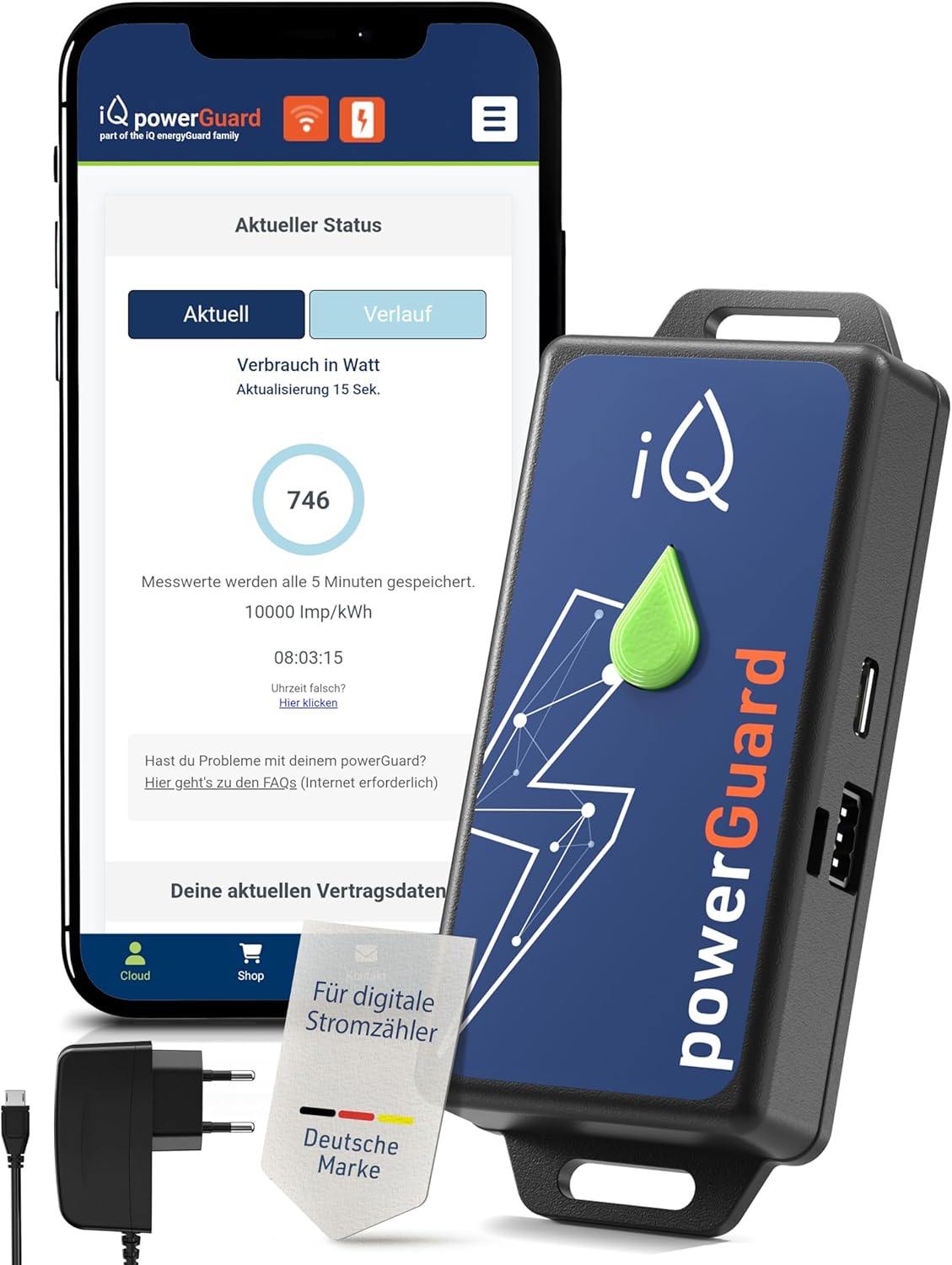 iQ powerGuard - Slimme stroommeter incl. interface, iQ Cloud, app, alarmfunctie & WLAN - Digitale bewaking van stroomverbruik & kosten - stroommeter & stroomverbruikmeter met wifi