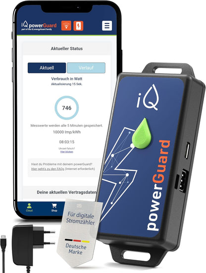 iQ powerGuard - Slimme stroommeter incl. interface, iQ Cloud, app, alarmfunctie & WLAN - Digitale bewaking van stroomverbruik & kosten - stroommeter & stroomverbruikmeter met wifi
