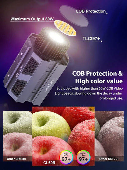 COLBOR CL60R RGB COB Video Light 65 W 2700 K-6500 K LED continu licht TLCT97+ CRI97+ 13 lichteffecten met app-besturing Bowens Mount voor fotografie, videolicht-RGB-led-lamp