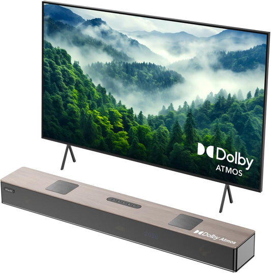 Hiwill 5.2.2ch soundbar voor tv-apparaten met Dolby Atmos, 400W alles-in-één tv-soundbar met 2 geïntegreerde subwoofers, houten behuizing home cinema-geluidssysteem, luidsprekers voor televisies, HDMI