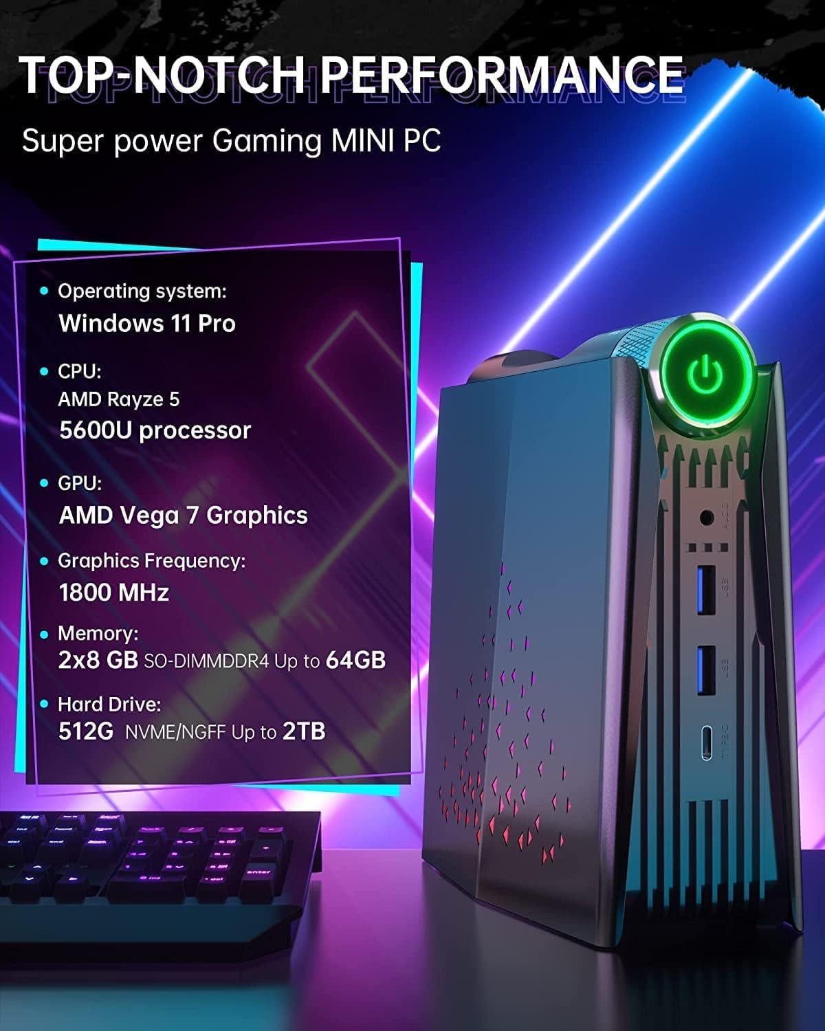 ACEMAGICIAN HISTTON Mini-pc, AMD Ryzen 5 5600U (tot 4,2 GHz), 16 GB DDR4, 512 GB SSD M.2 met 3-modi-aanpassing, HDMI/DP/Type-C/RGB Micro desktopcomputer