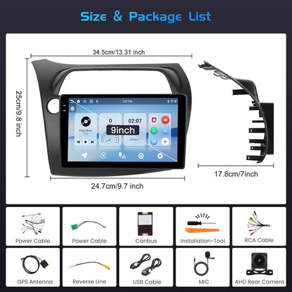 4+128G autoradio voor Honda Civic VIII 2006-2011, Android 15 met 9-inch In-Cell scherm, ondersteunt draadloze CarPlay en Android Auto, Mirror Link, FM/RDS-radio, GPS, wifi, Bluetooth en SWC.