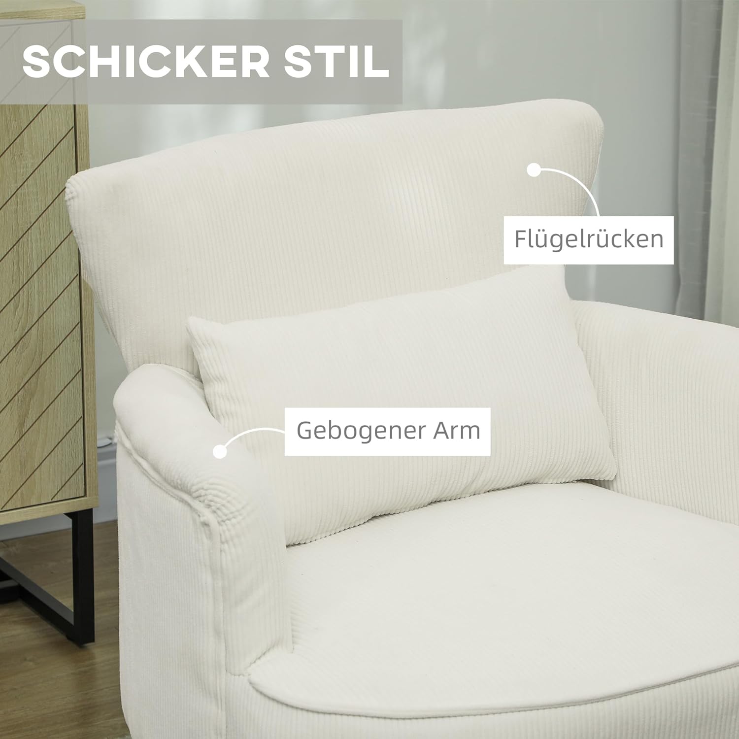 HOMCOM Lounge Chair with Armrests, Upholstered Chair with Cushion, Cord Look Armchair Wooden Legs Reading Chair for Living Room, Bedroom, Cream White HOMCOM Lounge Chair with Armrests - QUORE