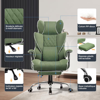 GTPLAYER Ergonomic Gaming Chair, Adjustable Gaming Chair, Office Chair with Footrest, Adjustable Backrest for Work and Play Technological Fabric, Green - QUORE