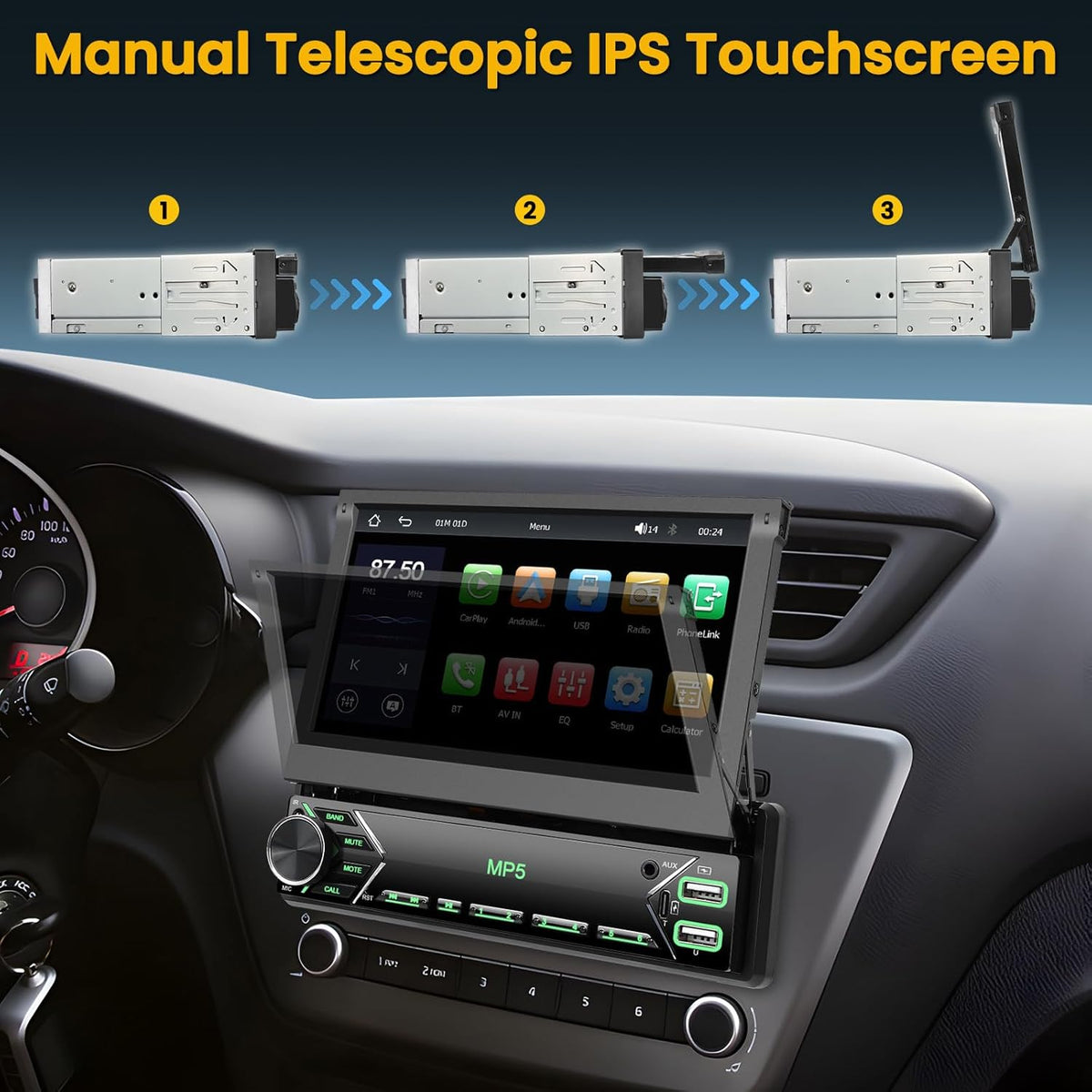 Hikity 1 Din autoradio met 7 inch flip-out gemotoriseerd touchscreen autoradio met Bluetooth radio achteruitrijcamera Mirror Link USB AUX MIC