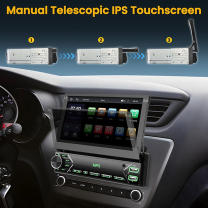 Hikity 1 Din autoradio met 7 inch flip-out gemotoriseerd touchscreen autoradio met Bluetooth radio achteruitrijcamera Mirror Link USB AUX MIC