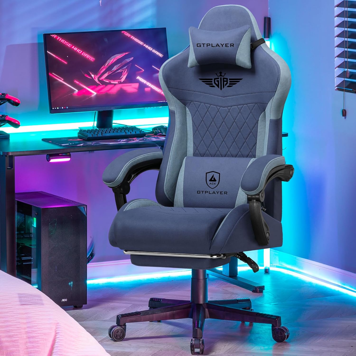 GTPLAYER Gaming Chair, Ergonomic Gamer Chair Made of Faux Leather Fabric with Lumbar Support, PC Chair with Widened Backrest, Maximum Load 150 kg, Dark Blue - QUORE