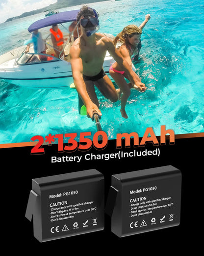 4K 60FPS Touchscreen Actiecamera met 64 GB SD-kaart, Dual Screen Pre-Recording 24MP Onderwatercamera 131FT Waterdichte Camera's 170° Sportcamera's met 2 x 1350 mAh Batterijen Helm Accessoires Kit