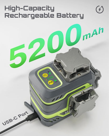 LasGoo LG-3DM Groene Beam Laserwaterpas, zelfnivellerende 3x360° kruislijnlaser voor bouw en foto's ophangen, 5200mAh oplaadbare batterij, Type-C kabel, Magnetische roterende standaard inbegrepen