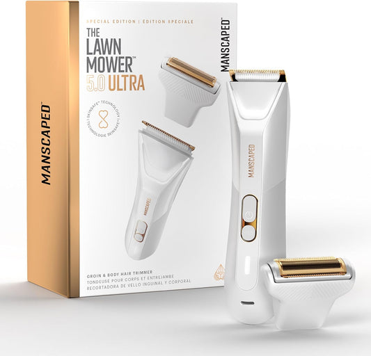 MANSCAPED® The Lawn Mower® 5.0 ULTRA Lies- en lichaamshaartrimmer – SkinSafe® -trimmer met twee koppen en foliemessen, waterdichte natte/droge trimmer, oplaadbaar via USB-C met reisetui, Wit