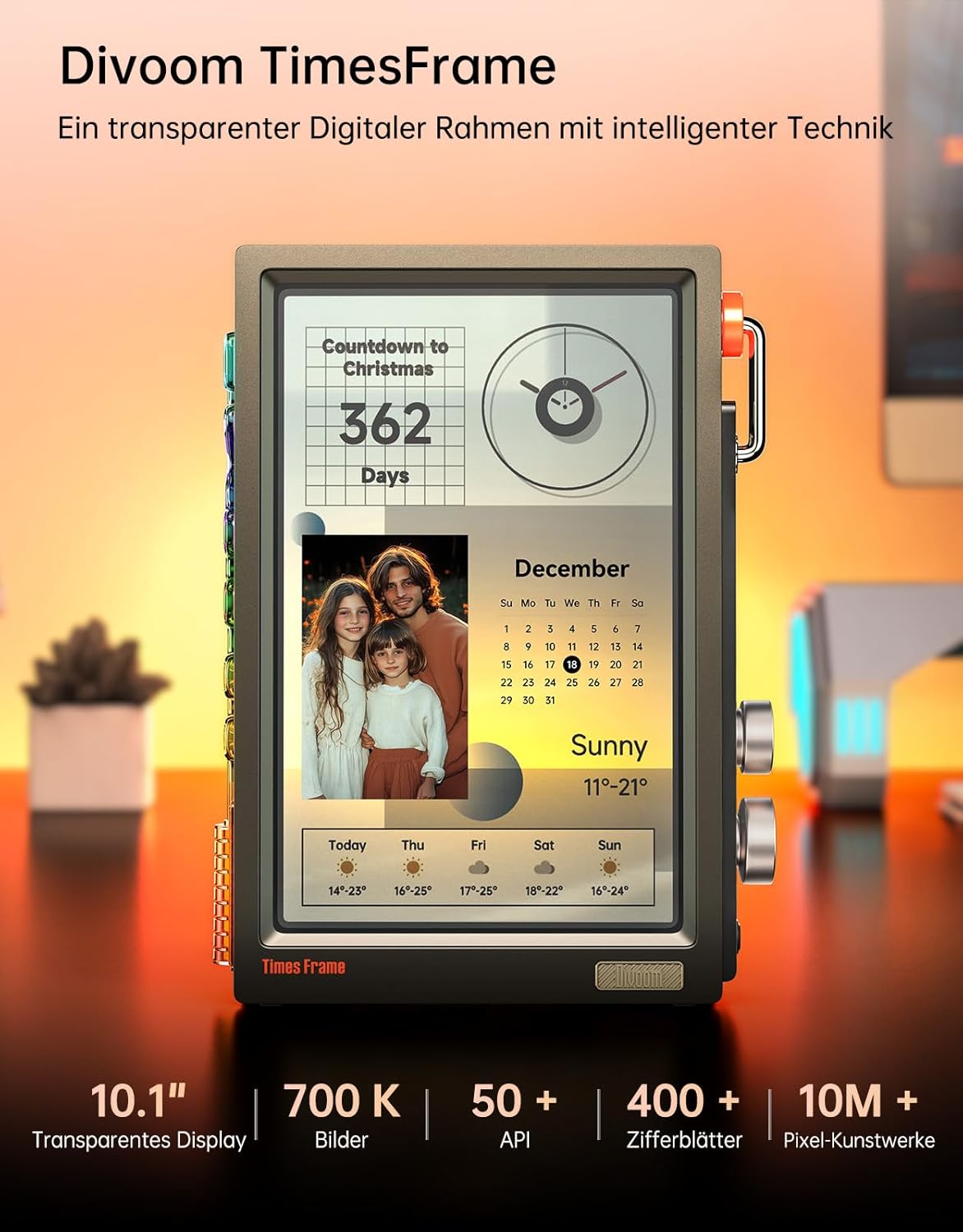 Divoom Times Frame Transparante digitale fotolijst (10,1 inch) met wifi en 64 GB, IPS-display met zwevend effect en RGB-draaiknop, 400+ wijzerplaten, widgets en pixel-art community (zwart)