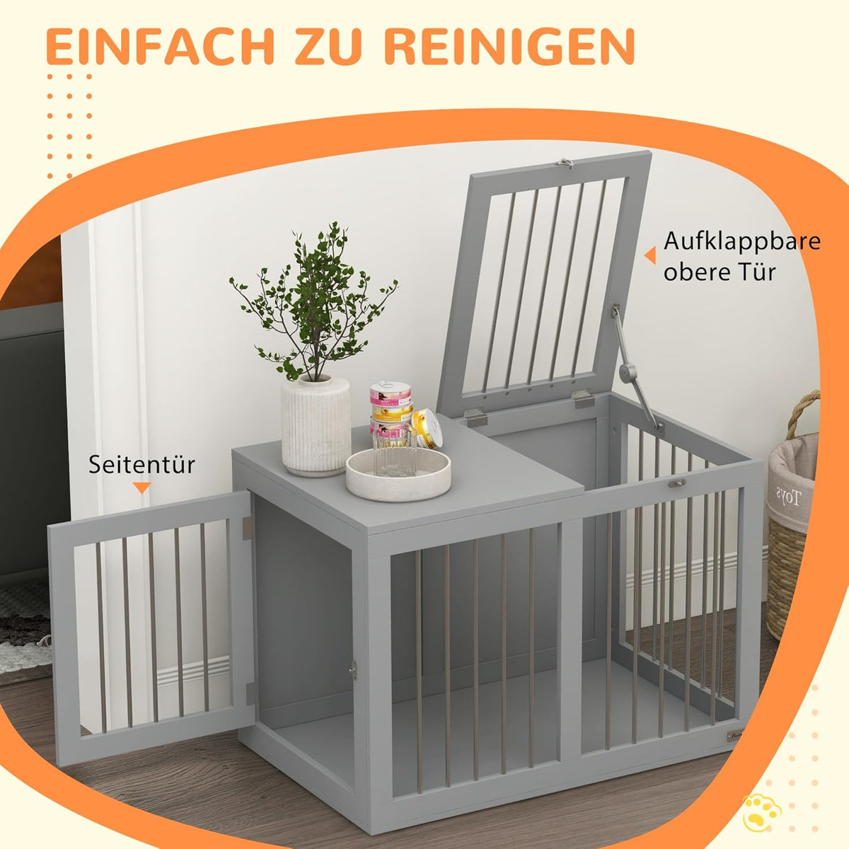 PawHut Hondenkooi, meubel met 2 deuren, staal, hondenbox voor thuis, binnen, hondenhok voor middelgrote honden tot 20 kg, bijzettafel, hondenhuis, 80 x 50 x 56,5 cm, grijs