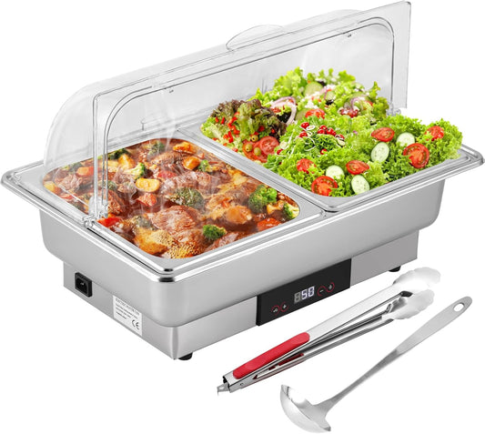 YUCHENGTECH Elektrische Chafing Dish Buffetset 9L Roestvrijstalen Chafing Dishes Voedselverwarmers met Temperatuurregeling en Doorzichtig Roldeksel voor Catering, Bruiloften, Restaurants