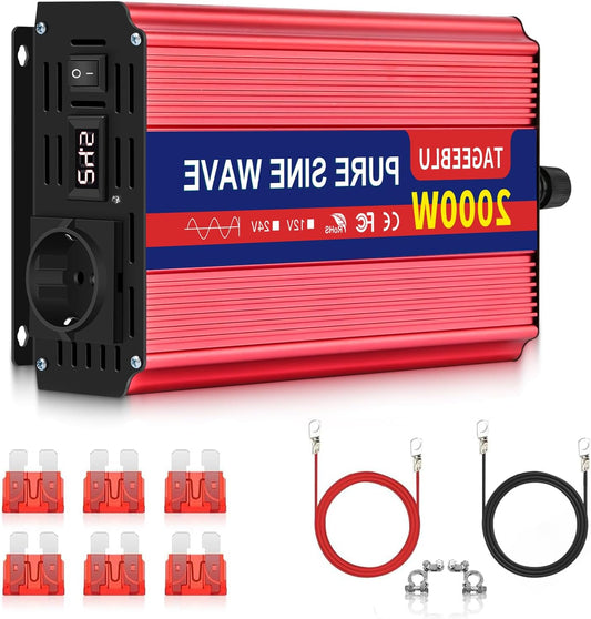 2000W Pure Sine Wave Inverter DC 24V to AC 230V Voltage Converter, Vehicle Inverter with Crocodile Clip, 2 AC Sockets and LCD Screen - QUORE