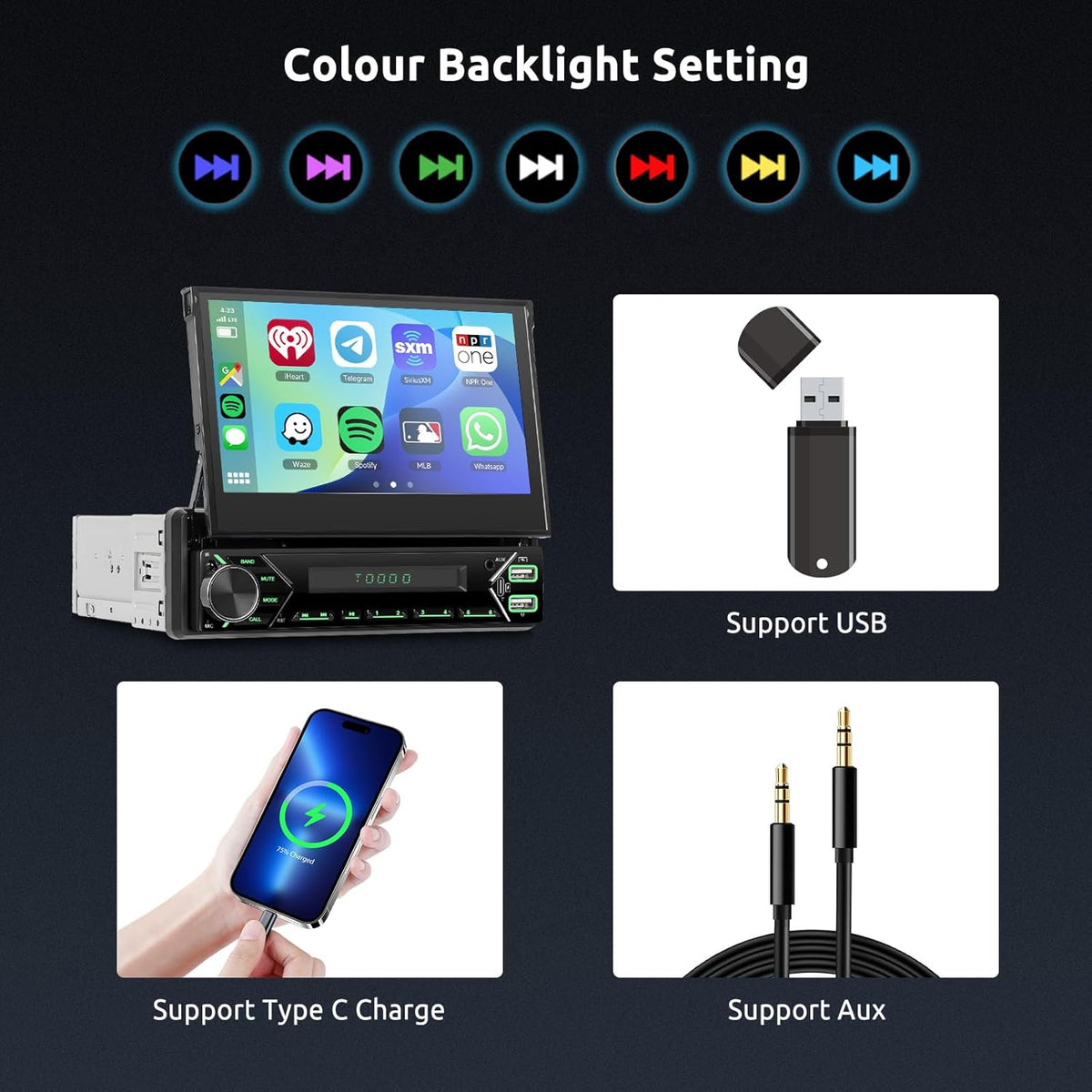 1 DIN Android Autoradio – Multimedia Speler – Car Stereo – Auto Radio – GPS Navigatie – Uitschuifbaar 7 Inch HD Touchscreen – Draadloze CarPlay & Android Auto – Inclusief Achteruitrijcamera