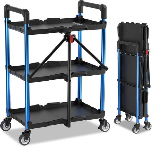 Opvouwbare Serwagentrolley – Vouwwagen – Werkplaats Trolley – Servicekar – Transportwagen – 3 Niveaus – Draagvermogen 32 kg Per Laag