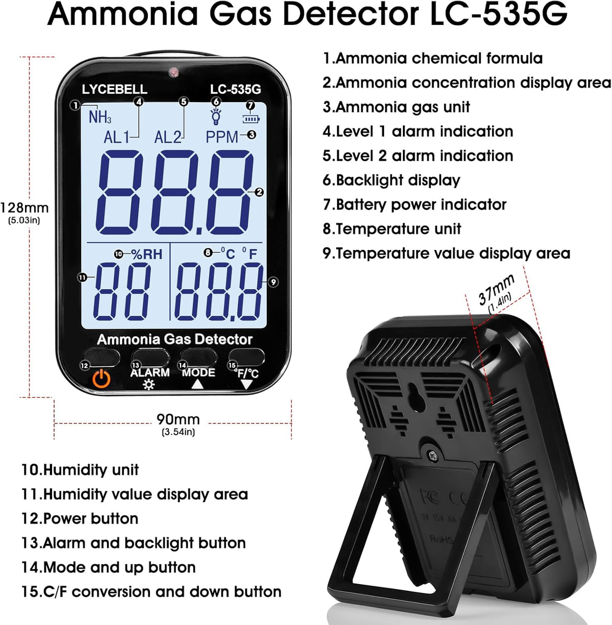 535G Ammoniak-gasdetector, NH3-monitor, 0-100 ppm, met dubbel alarm, oplaadbare draagbare gaslekdetector voor boerderijen, industrie, huis, temperatuur- en vochtigheidsweergave