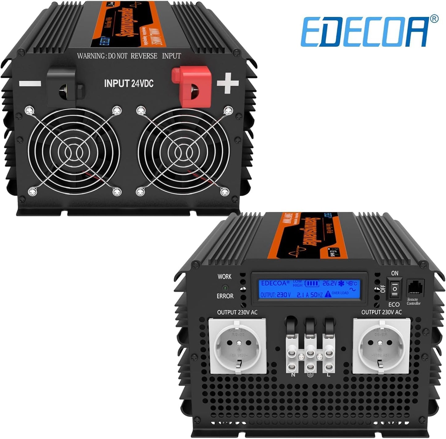 EDECOA Omvormer, 3500 W/7000 W, 24 V, 230 V, zuivere sinus, spanningsomvormer en lcd-scherm met afstandsbediening, voor camper, zonne-installatie, power omvormer