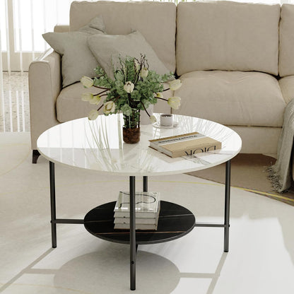 FATIVO Marmeren Top Salontafels Rond: 2-laags witte en zwarte salontafel 80 cm gesinterde steen hoogglans knikkereffect tafelblad met mat zwart frame moderne grote middentafel woonkamer