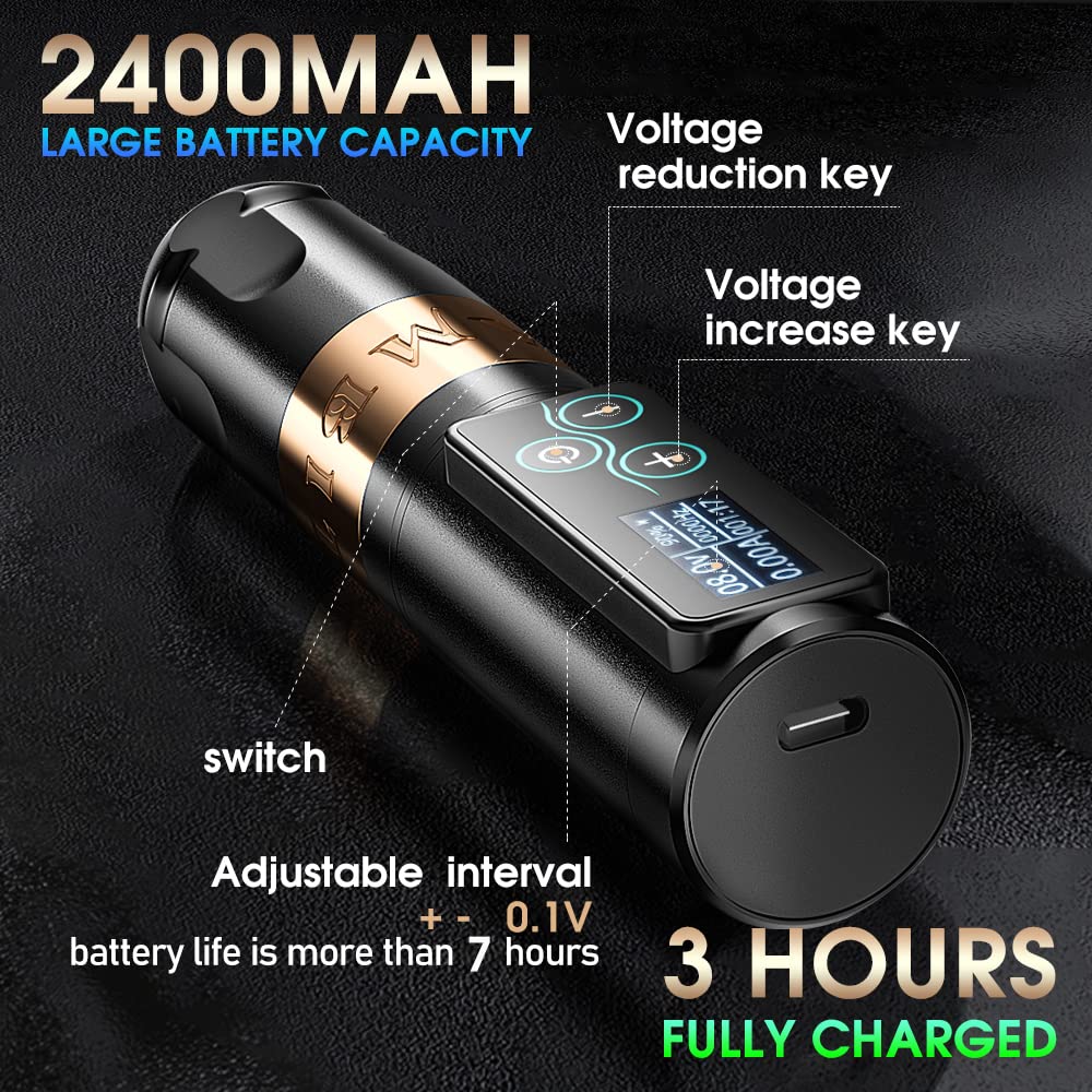 Vibe - Tattoo Machine - Tattoo pen - Tattoo Set - Complete set voor beginners & gevorderden - Tattoo Machine Pen - 10000RPM - 12V - 2400mAh - Gouden - QUORE