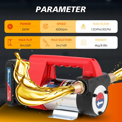 Mxmoonant Draadloze elektrische dieselpomp, zelfaanzuigend, draagbaar, 50 l/min, 260 W, 4200 rpm, 4 kg, met 2 x 2000 mAh lithium batterij, voor diesel, kerosine