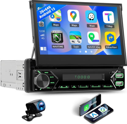 Android-autoradio 13 2G + 64G 1 Din met Wireless Carplay Android Auto, 7 inch flip-out touchscreen Bluetooth autoradio met Mirror Link WiFi GPS SWC FM RDS USB + achteruitrijcamera + MIC