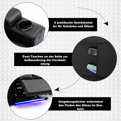 Elektrische Relaxfauteuil – Verstelbare Relaxstoel – Tv Stoel – Massagefauteuil – Zwarte Kunstleren Fauteuil – Traploos Verstelbare Rugleuning – Ingebouwde LED-Verlichting