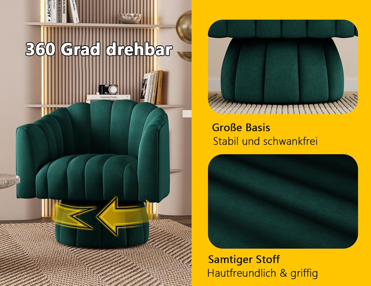 Mid Century 360 graden draaibare knuffeltonne-accentstoel, ronde stoel met breed gestoffeerde, pluizige fluwelen stoel voor woonkamer, slaapkamer, kantoor, wachtkamer (groen)
