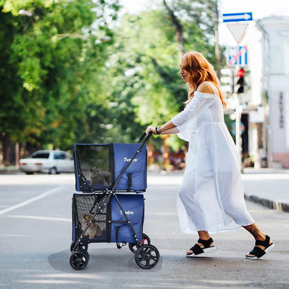 FANTASK Hondenwagen met 2 etages, met netvensters en bekerhouders, huisdierbuggy tot 16 kg, kattenbuggy voor 2 kleine honden en katten, hondenbuggy en aanhanger, blauw