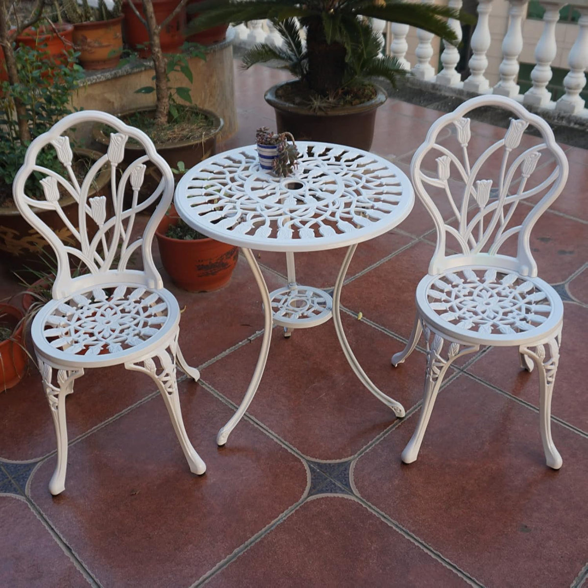 Garden Furniture Set, 3-Piece Aluminium Casting Tavern Set, White, 2 Chairs with Ornament Design and 1 Table, for Balcony and Patio (Tulip White) - QUORE