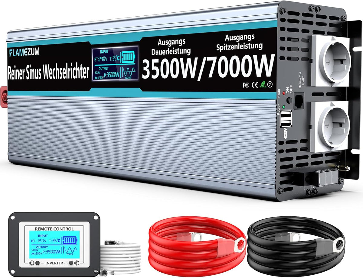 3500W Zuivere Sinus Omvormer 24V naar 230 V Spanningsomvormer Power Omvormer Converter met LCD-scherm,Afstandsbediening,2 EU AC-Stopcontacten & 2 USB-poorten Voor Auto, Caravan,Boot, Camping