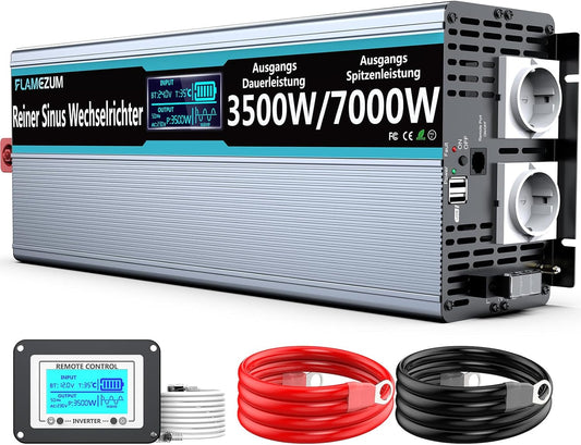 3500W Zuivere Sinus Omvormer 24V naar 230 V Spanningsomvormer Power Omvormer Converter met LCD-scherm,Afstandsbediening,2 EU AC-Stopcontacten & 2 USB-poorten Voor Auto, Caravan,Boot, Camping