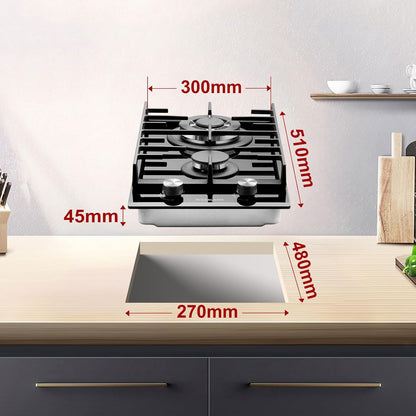 GASLAND GH2302BG1FC Glazen gaskookplaat 2 pits, butaangas kookplaat met wokbrander, inbouw gaskookplaat, 30 cm zwart glazen fornuis, gasfornuis 5200 watt, LPG/aardgas