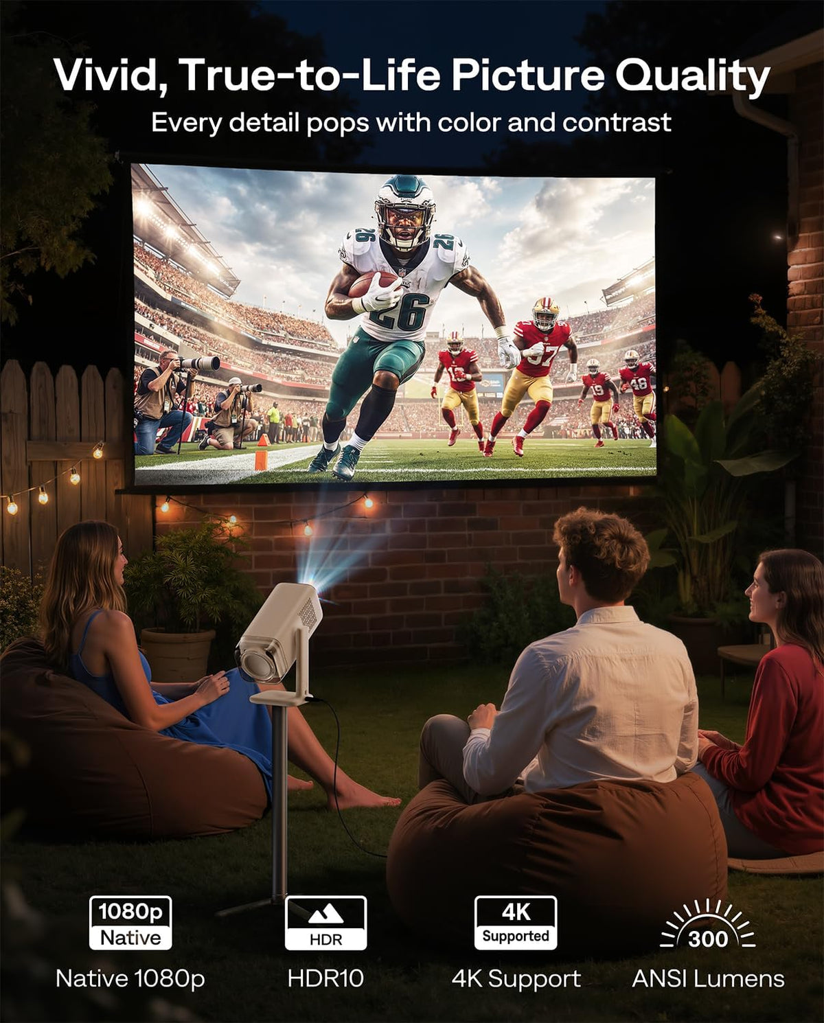 Aurzen BOOM Air Google TV Smart Projector met wifi en Bluetooth, draagbare projector voor buiten- en thuisfilm, 4K-ondersteund, verstelbare standaard, USB-C-voeding, real-time focus, Dolby Audio