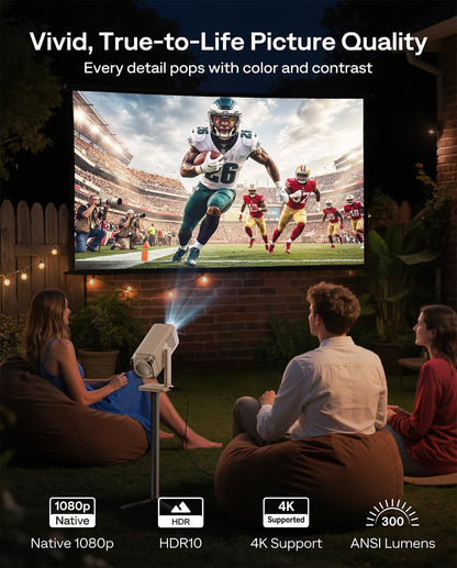 Aurzen BOOM Air Google TV Smart Projector met wifi en Bluetooth, draagbare projector voor buiten- en thuisfilm, 4K-ondersteund, verstelbare standaard, USB-C-voeding, real-time focus, Dolby Audio