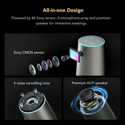 Nuroum C46 4K conferentiewebcam met microfoon en luidspreker, 8 MP CMOS/120 ° FOV/5x Zoom/AI Auto Framing, 4,9 m Voice Pickup Videoconferentie Camera Speakerphone, voor Zoom/Teams/GoogleMeet