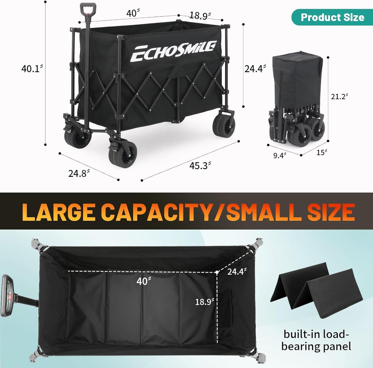 EchoSmile XXXXL Bolderkar, opvouwbaar, met 300 l, 227 kg belastbaar, strandwagen met grote wielen voor alle terreinen, draagbare winkelwagen, transportwagen met remmen, campingwagen voor buiten, zwart