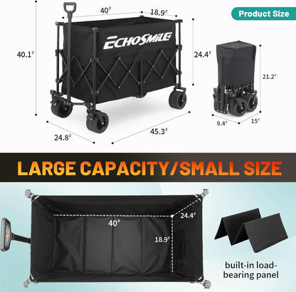EchoSmile XXXXL Bolderkar, opvouwbaar, met 300 l, 227 kg belastbaar, strandwagen met grote wielen voor alle terreinen, draagbare winkelwagen, transportwagen met remmen, campingwagen voor buiten, zwart