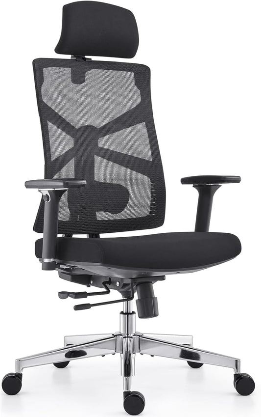 HOLLUDLE Ergonomische bureaustoel met adaptieve rugleuning, hoge rugleuning computerbureaustoel met 4D-armleuningen, verstelbare zitdiepte, lendensteun en 2D-hoofdsteun, draaibare taakstoel, zwart