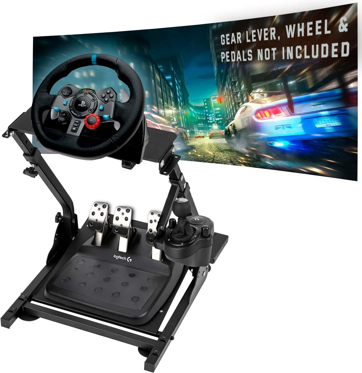 Universele Stuurstand – Stuurwielhouder – Pedalenstandaard – Schakelpookhouder – Simracing Frame – Verstelbare Hoogte 56-76 cm – Robuust Carbonstaal Mat Zwart